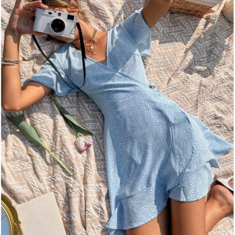 Sky Blue and White print, wrap dress with bell sleeves